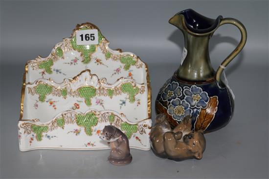 Doulton Jug, Dresden letter rack & 2 Copenhagen figures